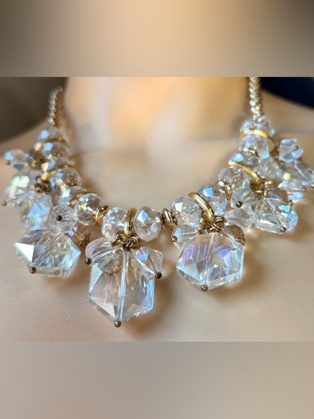 Gold Crystal Statement Necklace - Clear Crystal Beads